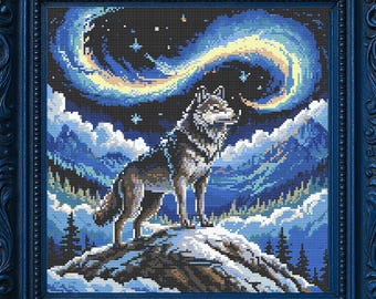 Patrón de punto de cruz de lobo cósmico, bordado de lobo, galaxia celestial, fantasía, mística, naturaleza salvaje, espíritu animal, punto de cruz PDF, amantes de la naturaleza