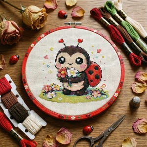 May include: A cross-stitch embroidery hoop featuring a cartoon ladybug holding flowers. The design is set against a cream-colored fabric, framed by a red hoop with ladybug and flower accents. Embroidery floss and other craft supplies surround the hoop.