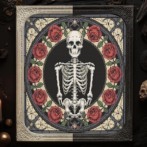 Skeleton and Roses Cross Stitch Pattern Gothic Skeleton Rose Embroidery Cozy Spooky Skull Romantic Horror Gothic Skeleton Cross Stitch PDF