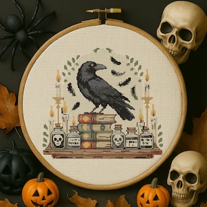 Gothic Raven Cross Stitch Pattern Spooky Raven Books Embroidery Fantasy Mystical Witchy Bird Skulls Halloween For Lovers Cross Stitch PDF