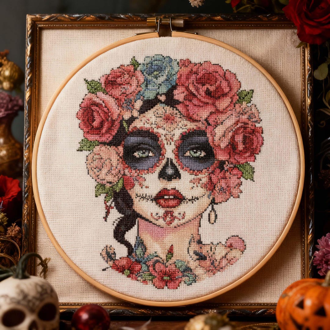 Sugar Skull Woman Cross Stitch Pattern Día De Los Muertos Embroidery ...