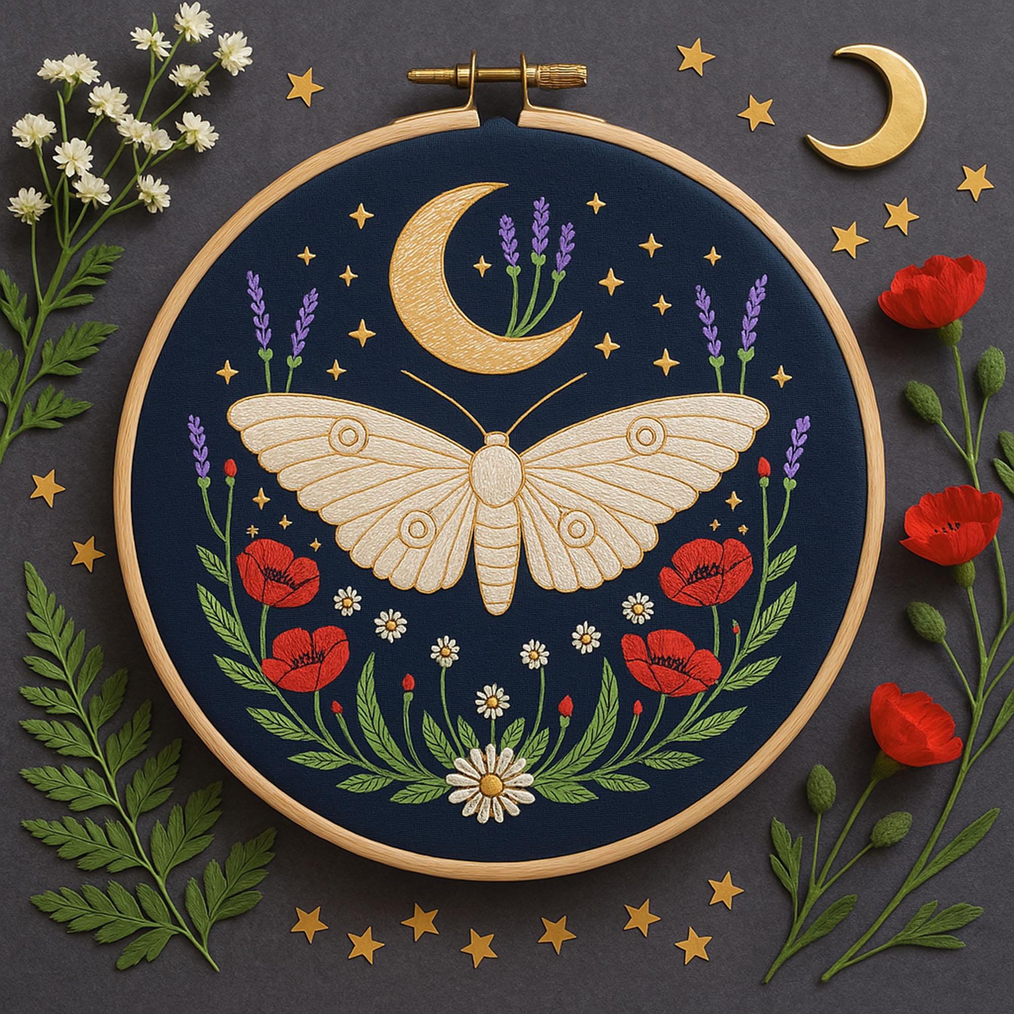 Moon Moth With Flowers Hand Embroidery Pattern Mystical Celestial Insect Moth Floral DIY Embroidery Boho Moon Moth For Template For Beginner