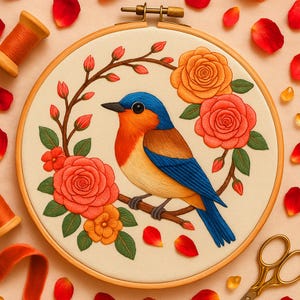Bluebird and Rose Hand Embroidery Pattern Magical Colorful Bird on Branch Floral Embroidery Template Beginner Bird Lovers