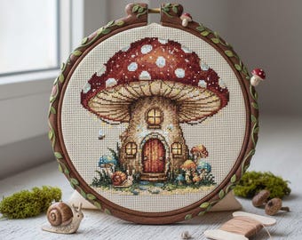 キノコハウスのクロスステッチパターン：カタツムリと森の刺繍が施されたファンタジーコテージ（PDF）