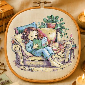 Cozy Reading Girl Cross Stitch Pattern Cozy Book Corner With Cat Embroidery Girl with Plants Cross Stitch Pattern Beginner For Book lovers