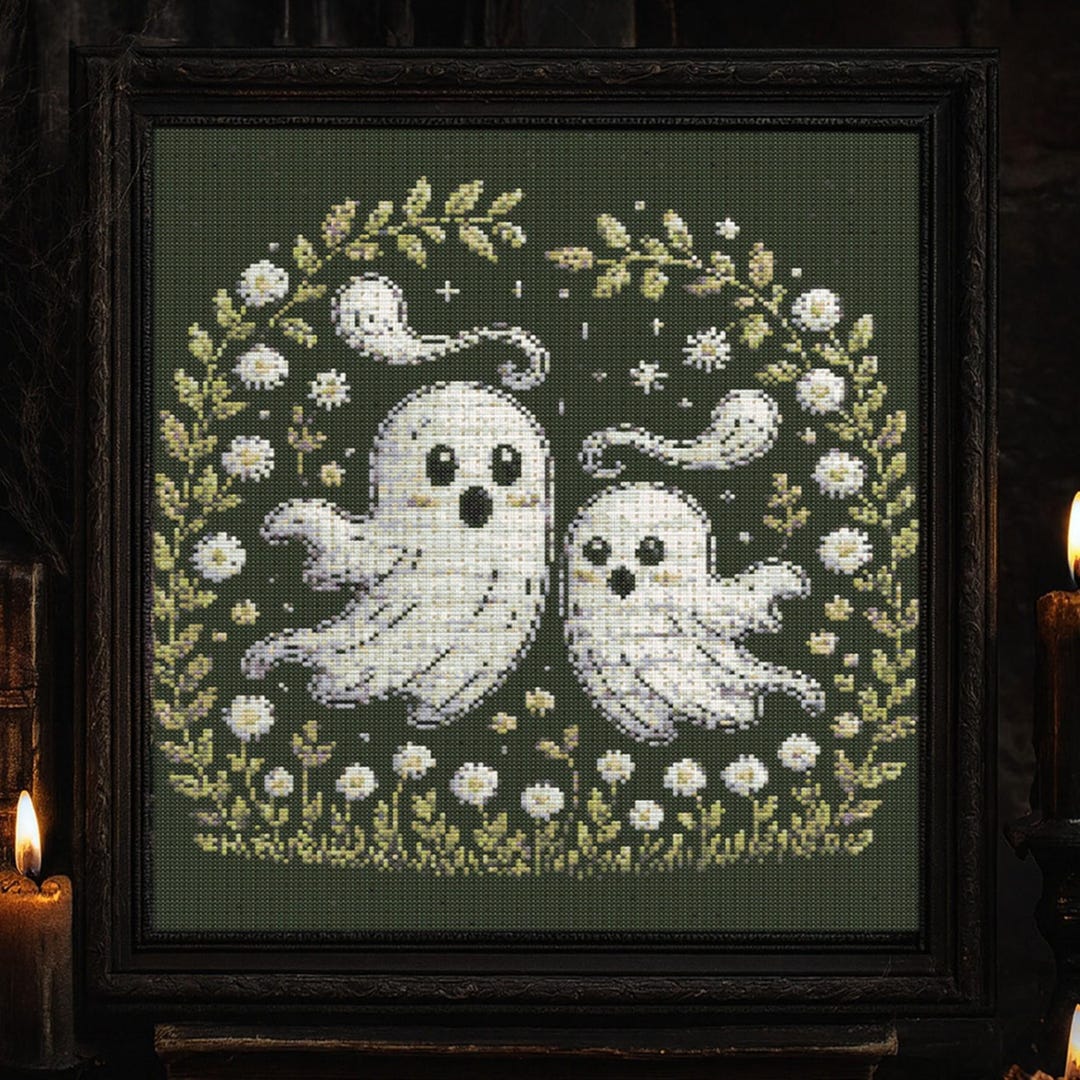 Floral Ghost Cross Stitch Pattern Halloween Happy Kawaii Ghost ...