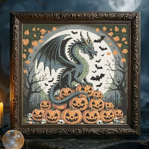 Halloween Gothic Dragon Cross Stitch Pattern Halloween Spooky Skeleton Pumpkin Embroidery Spooky Gothic Forest Bats Halloween Cross Stitch
