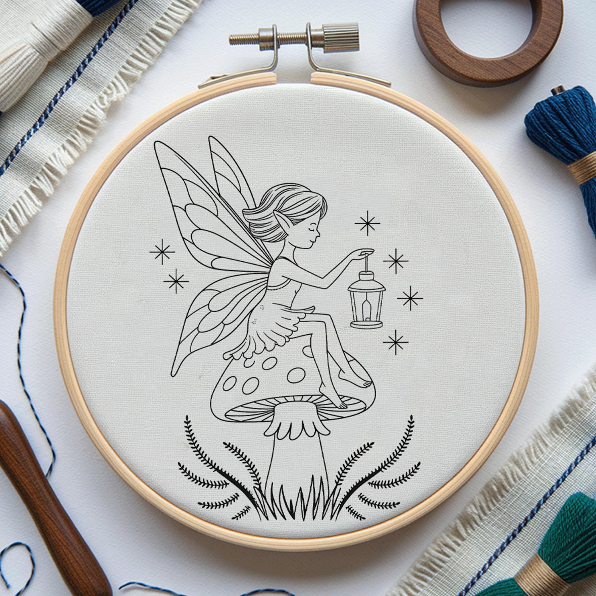 Magical Cute Fairy With Mushroom Hand Embroidery Pattern Fantasy Fairy ...
