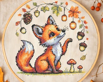 Autumn Fox Cross Stitch Pattern Fall Forest Fox Embroidery Woodland Fox Garden Cute Forest Animal Cross Stitch For Natural Lovers Beginner