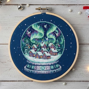 Christmas Snow Globe Cross Stitch Pattern Winter Village Embroidery Northern Lights PDF Pattern