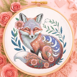 Celestial Floral Fox Cross Stitch Pattern Whimsical Celestial Fox Embroidery Woodland Fox Garden Cute Forest Animal Cross Stitch Natural