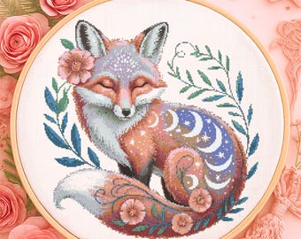 Celestial Floral Fox Cross Stitch Pattern Whimsical Celestial Fox Embroidery Woodland Fox Garden Cute Forest Animal Cross Stitch Natural