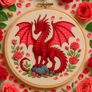 May include: Embroidered hoop art featuring a red dragon with outstretched wings, standing on a rock surrounded by green leaves and pink roses.