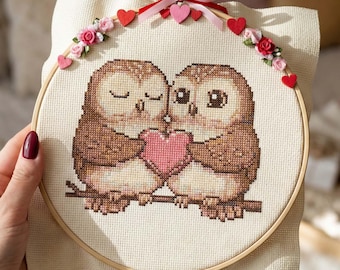 Valentine Owl Love Cross Stitch Pattern: Sweet Owl Couple with Heart Embroidery PDF
