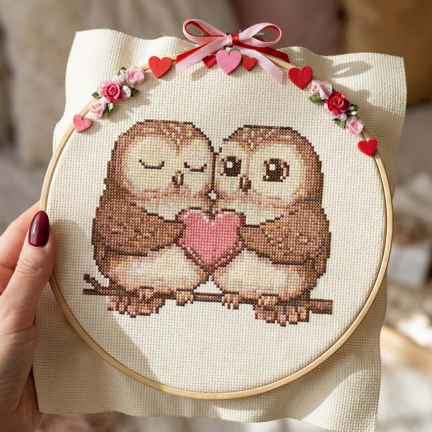 Valentine Owl Love Cross Stitch Pattern: Sweet Owl Couple with Heart Embroidery PDF