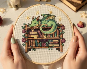 Sleeping Dragon Bookshelf Cross Stitch Pattern Fantasy Embroidery on Bookshelf with Roses PDF Pattern