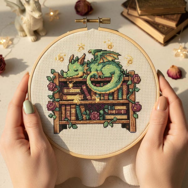 Schlafender Drache Bücherregal Kreuzstich Muster Fantasy Stickerei auf Bücherregal mit Rosen PDF Pattern