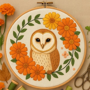 Barn Owl and Roses Hand Embroidery Pattern Owl with Flowers Embroidery PDF Flower Bird Woodland Embroidery Template For Beginner Stitching