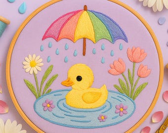 Spring Duck With Flowers Hand Embroidery Pattern  Cute Duck Hoop Art with Rainbow Umbrella and Flowers, Embroidery Template Beginner Lovers