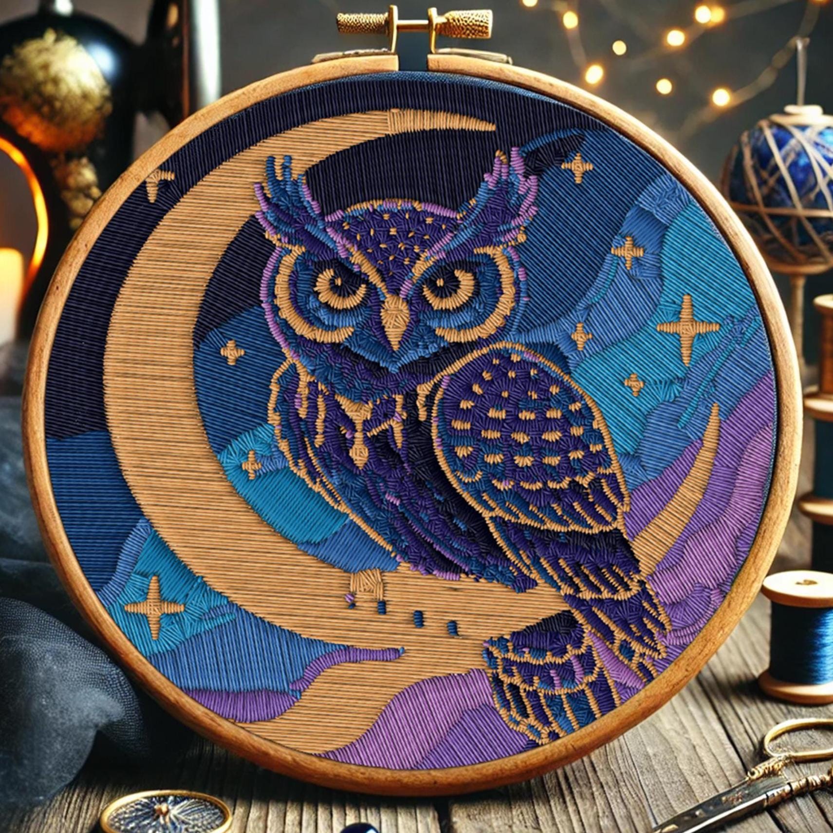 神秘的な月のフクロウと月の刺繍パターン、雲と星のあるファンタジーな 