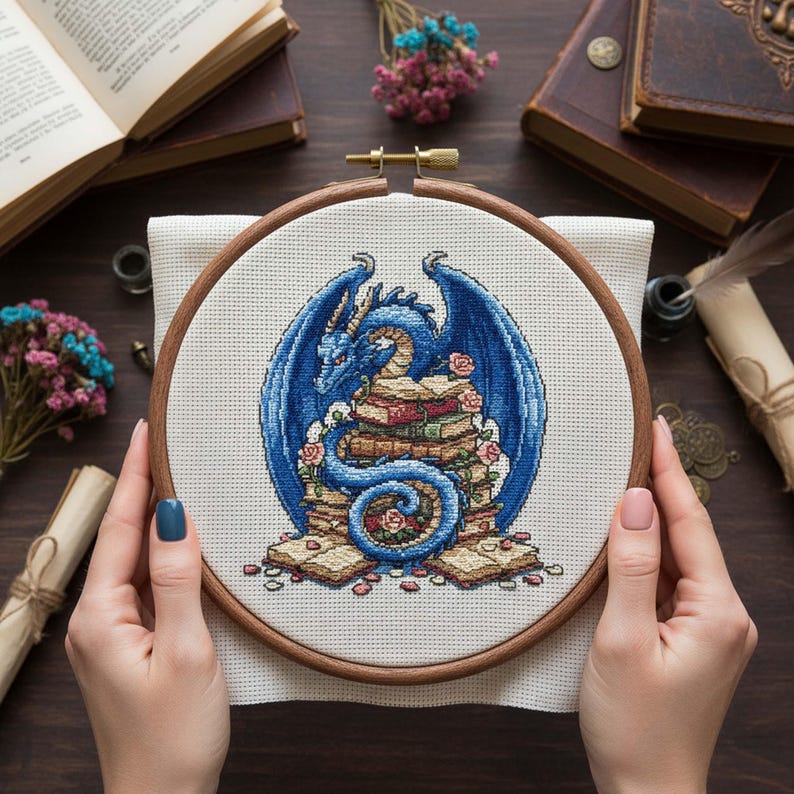 Dragon Library Cross Stitch Pattern: Fantasy Blue Dragon With Roses and ...