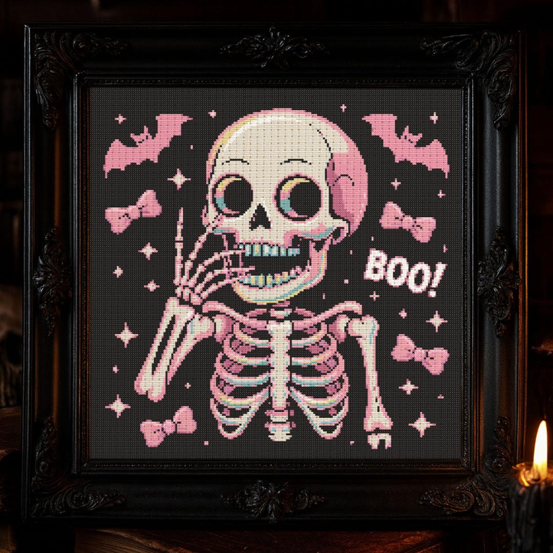 Kawaii Skeleton Cross Stitch Pattern Cute Pink Gothic Embroidery ...