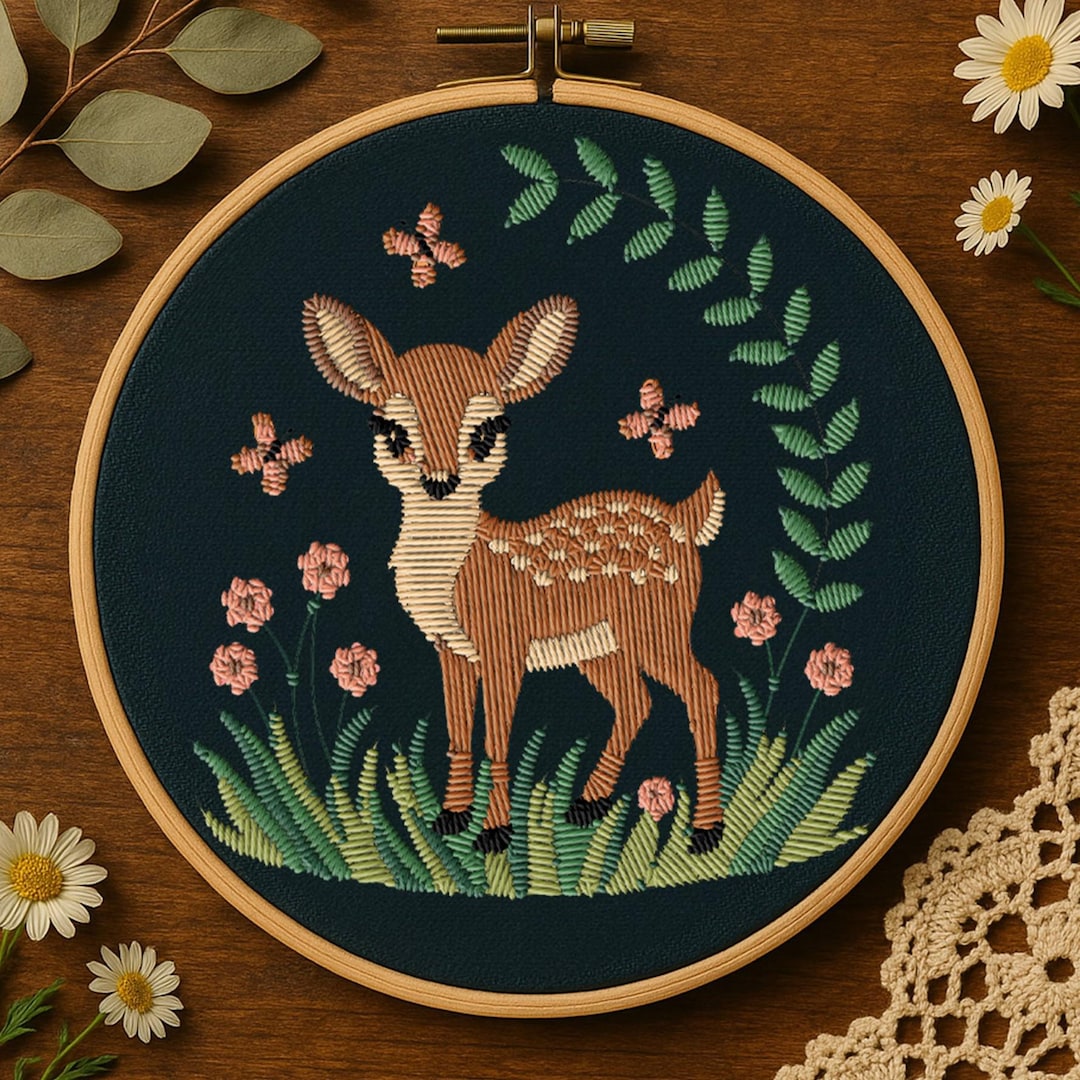 森の花柄の子鹿の手刺繍パターン。花とかわいい鹿の刺繍。森の動物の
