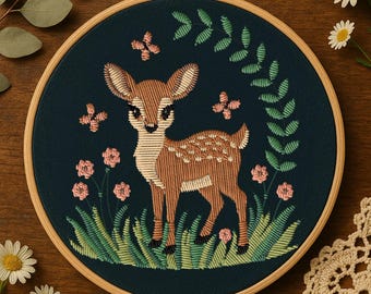森の花柄の子鹿の手刺繍パターン。花とかわいい鹿の刺繍。森の動物の