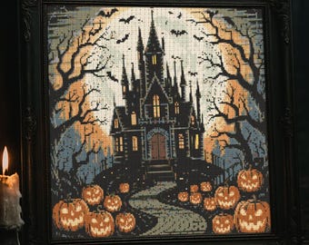 Spooky Haunted Pumpkin Castle Cross Stitch Pattern Gothic Haunted House Embroidery Castle Gothic Bats Pumpkins Halloween Cross Stitch PDF