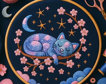 Sleeping Galaxy Cat With Cherry Blossoms Hand Embroidery Pattern Sleeping Kitten With Floral and Moon Embroidery Stitching PDF Template