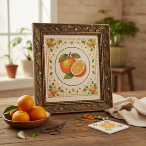 May include: A framed cross-stitch picture of oranges, set on a wooden table. The artwork is in a decorative brown frame with leaf detailing. A bowl of fresh oranges, scissors, and embroidery supplies are also on the table.