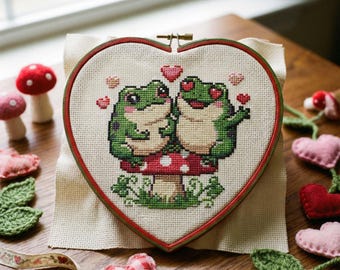 バレンタインのカエルの愛のクロスステッチパターン：きのこのハートにかわいいカエルの刺繍（PDF）