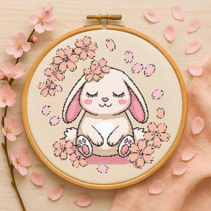 Bunny With Cherry Blossom Floral Cross Stitch Pattern Cute Bunny With Flowers embroidery PDF Rabbit Woodland Lovers Cross Stitch Pattern