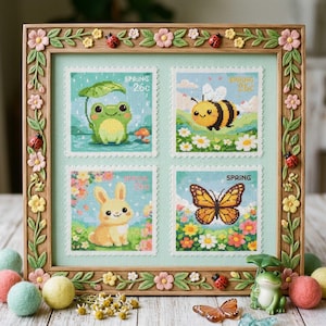 May include: A framed cross-stitch artwork featuring four postage stamp-style designs with spring themes. The designs include a frog, bee, bunny, and butterfly, each set against a colorful background. The frame is decorated with floral and ladybug accents.
