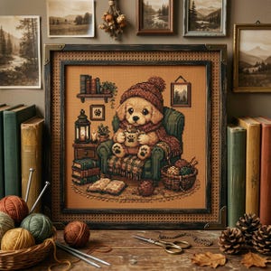 May include: Cross-stitch picture of a puppy in a hat and scarf, holding a mug, seated in a green armchair. The framed artwork is surrounded by books, yarn, and other cosy items. The colour scheme is warm, with browns, greens, and oranges.