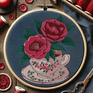 Floral Roses in Teacup Hand Embroidery Pattern Romantic Flower and Tea Lovers Embroidery Celestial Flowers Stitching Template PDF Beginner