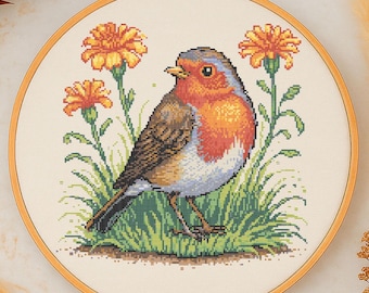 Garden Floral Robin Cross Stitch Pattern Spring Sweet Songbird Embroidery Cottagecore Garden Bird Botanical Cross Stitch PDF Nature Lovers