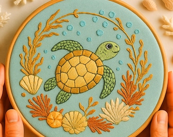 Ocean Turtle Coral With Marine Plants Hand Embroidery Pattern Underwater Coral Reef Embroidery Cute Sea Turtle with Coral Template Beginner