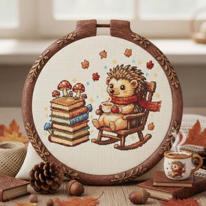 May include: Cross-stitch embroidery of a hedgehog in a rocking chair, wearing a scarf and holding a mug. A stack of books with mushrooms on top is to the left. The embroidery is in a wooden hoop with leaf details.