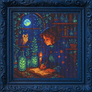 May include: Cross-stitch art of a witch in a blue dress, illuminated by candlelight, writing in a book. An owl sits on a window ledge, with a full moon visible. The scene is framed in a dark blue, ornate frame.
