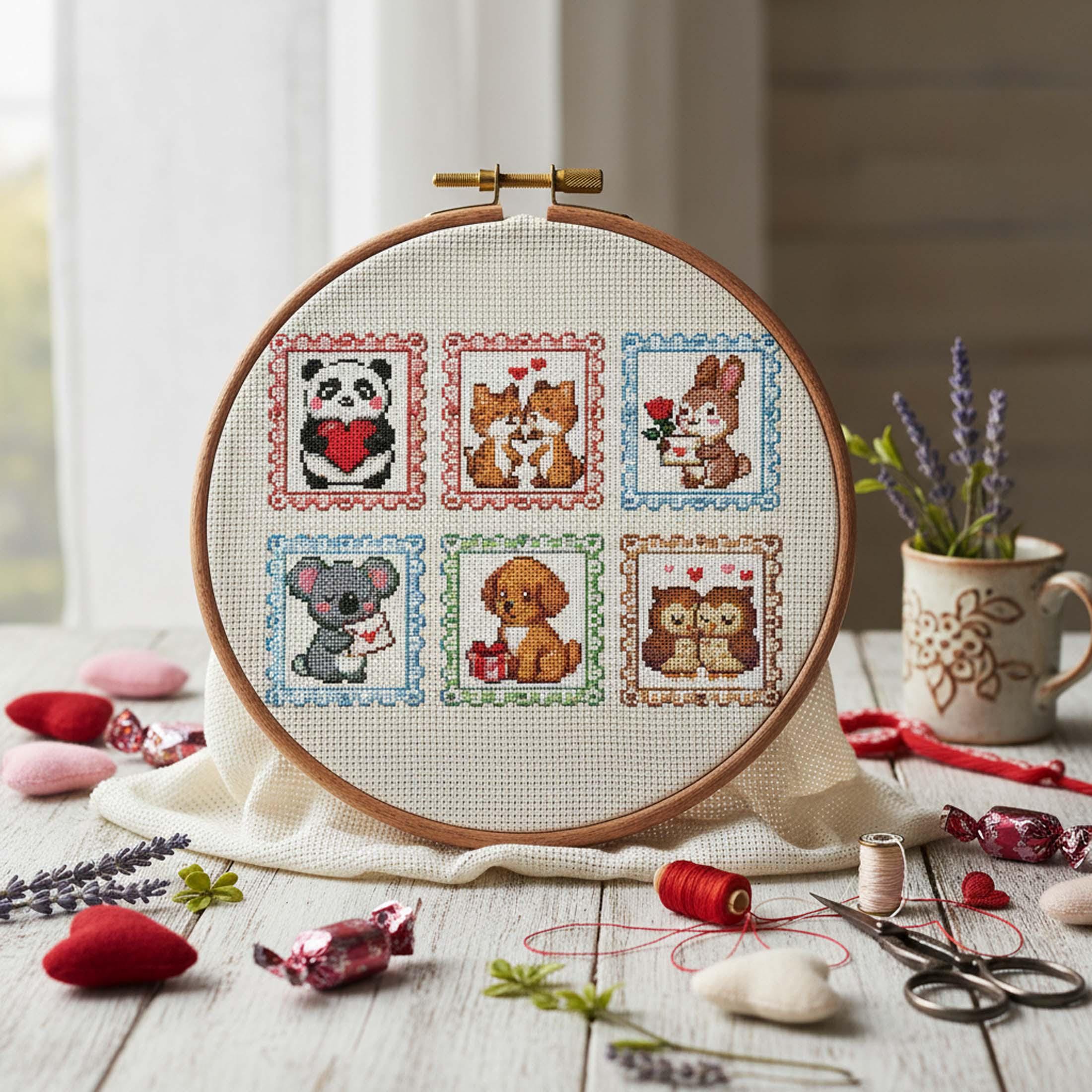 Valentine Love Animal Stamp Cross Stitch Pattern: Panda Fox Bunny