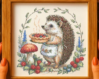 Hedgehog Pie Cross Stitch Pattern Cute Baking Hedgehog Cottagecore Embroidery Garden Animal Cross Stitch PDF For Woodland Nature Lovers