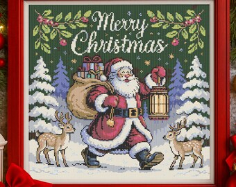 Merry Christmas Santa Lantern Cross Stitch Pattern Santa and Reindeer Christmas Embroidery Winter Snowy Forest Cross Stitch PDF For Lovers