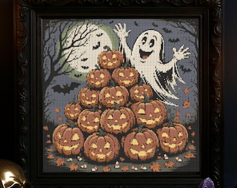 Cozy Ghost Pumpkin Cross Stitch Pattern Halloween Spooky Cute Ghost Embroidery Spooky Horror Gothic Pumpkin Forest Halloween Cross Stitch