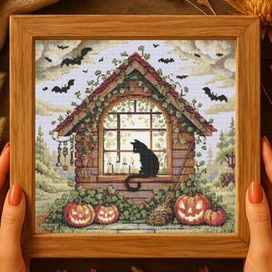 Black Cat in Window Halloween Cross Stitch Pattern Witch Spooky Halloween Embroidery Horror Autumn Gothic Cozy Cottage Cross Stitch PDF