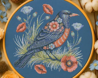 Moody Floral Robin Cross Stitch Pattern Garden Bird with Flowers Embroidery Cottagecore Garden Bird Flowers Cross Stitch PDF Nature Lovers