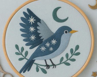 Celestial Bluebird Hand Embroidery Pattern Blue Bird with Leaves and Stars Embroidery PDF Bird Woodland Embroidery Template For Beginner