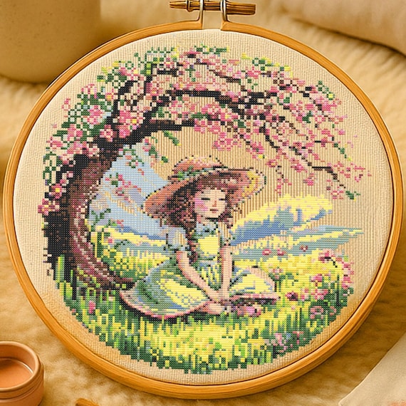 桜の木の下の女の子のクロスステッチパターン 女の子の春の庭の花の