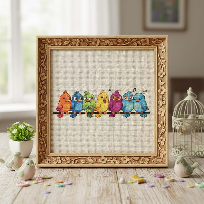 Finished Rainbow Birds Cross Stitch Pattern displayed in a hoop shows seven bright birds perched on a wire, each stitched in a different rainbow shade. Their playful personalities include singing, winking, and dozing off, making the design full of charm. The vibrant palette features oranges, yellows, blues, greens, and purples, balanced with backstitch outlines for clarity. This counted embroidery PDF pattern is perfect for stitchers who love cheerful and whimsical art, creating a handmade