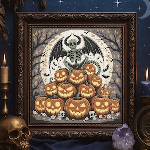 Skeleton Dragon Pumpkin Cross Stitch Pattern Halloween Spooky Skeleton Embroidery Spooky Horror Gothic Forest Bats Halloween Cross Stitch